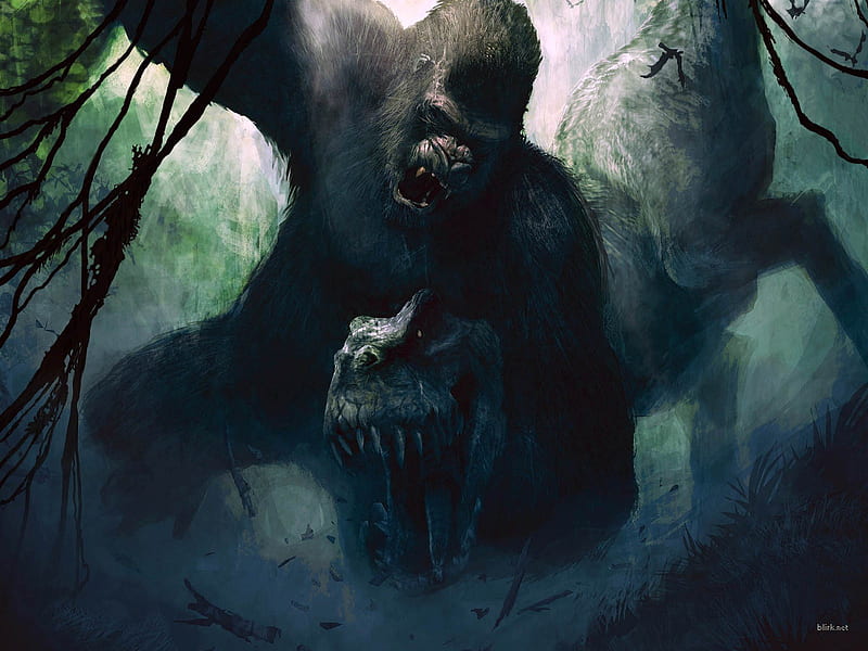 King Kong, movie, universal, dark art, dinosaurs, 3d and cg, graphics, fantasy, dark, dinosaur, HD wallpaper