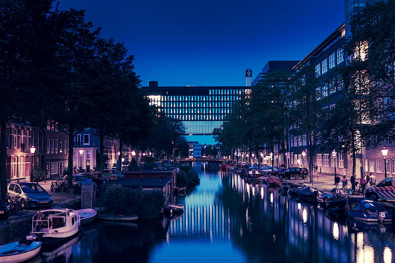 city, canal, night, water, buildings, HD wallpaper