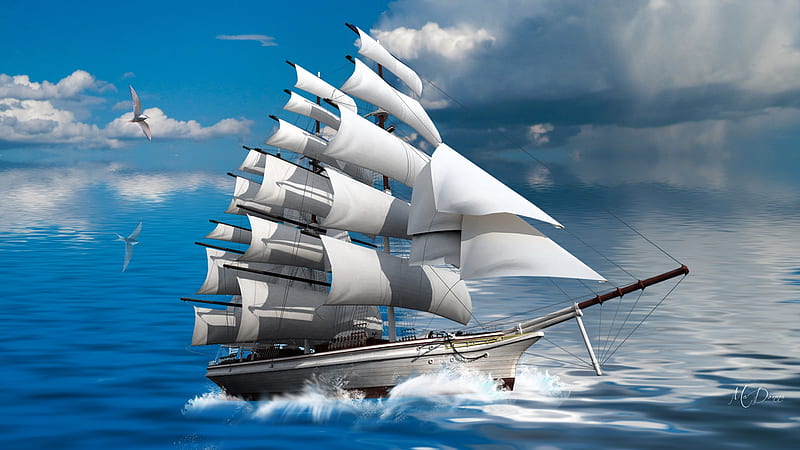 Sail the Ocean Blue, ship, sailing ship, boat, tall ship, collage, blue, sea, HD wallpaper