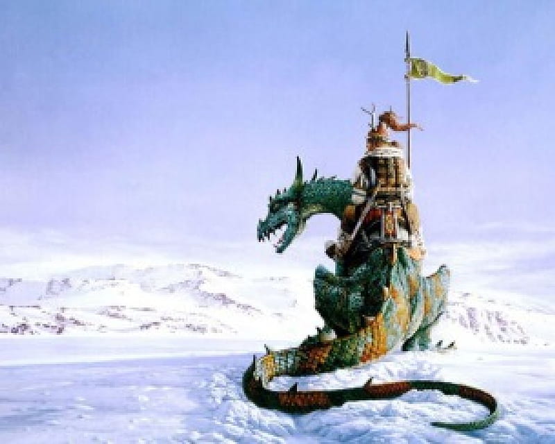 dragon ride, snow, fierce, brave, dragon, riding, HD wallpaper