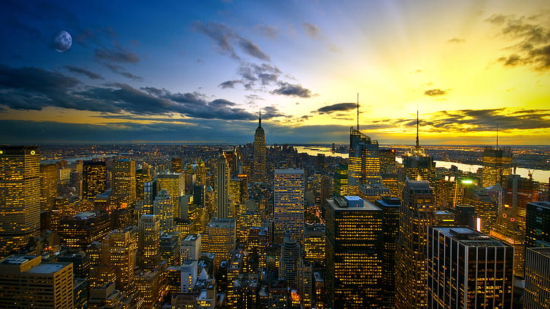 Skyscraper Buildings Of New York With Yellow Lights During Sunset New York, HD wallpaper