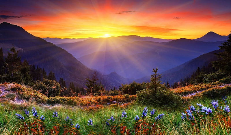 Mountain Sunrise in the spring, mountain, sunrise, spring, moring, view, HD wallpaper