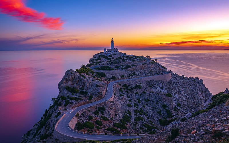 Light Tower Coast Road Sunset Cape Formentor Spain, HD wallpaper