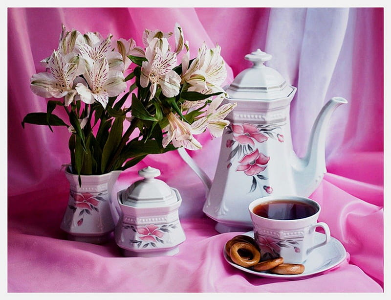 Still life, table, model, time, pretzels, abstract, tea, floral, sugar bowl, teapot, graphy, cup, flowers, pink, HD wallpaper