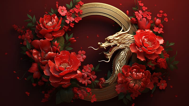 Zodiac - Dragon, zodiac, flower, golden, red, peony, dragon, card, HD wallpaper