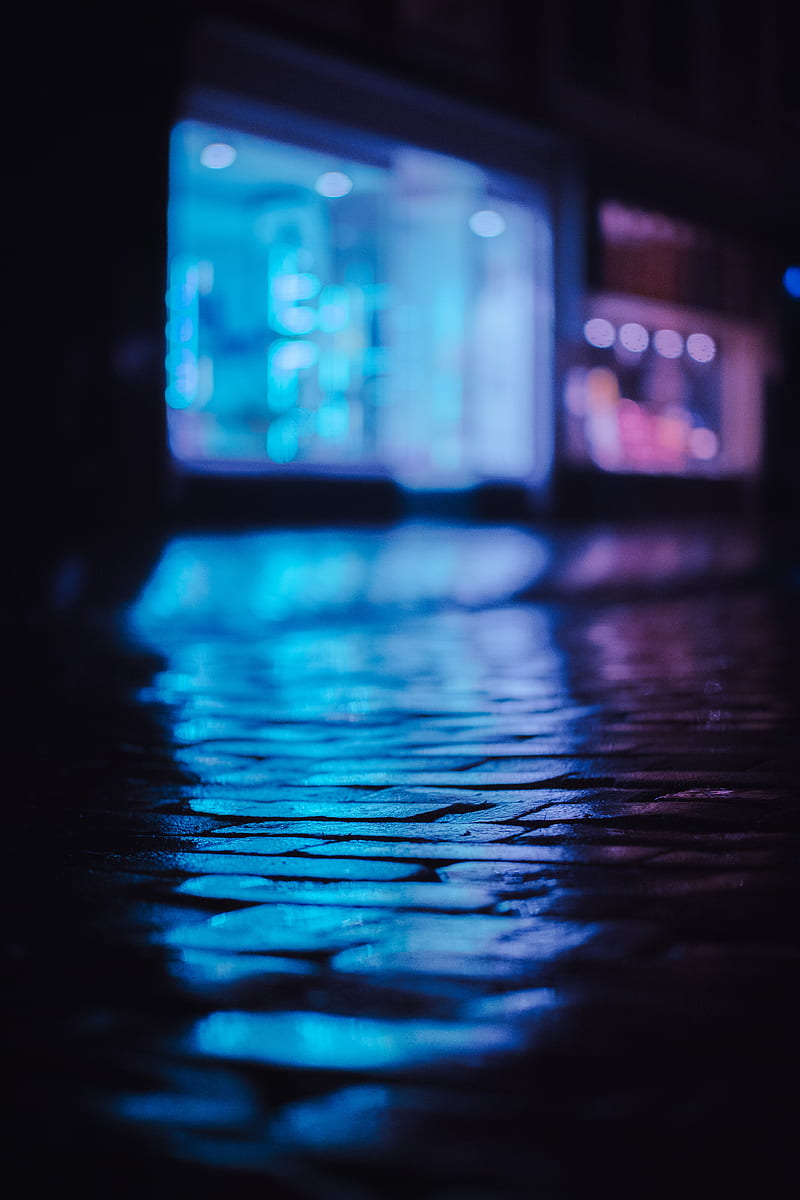 neon, street, night, paving stones, reflection, dark, HD phone wallpaper