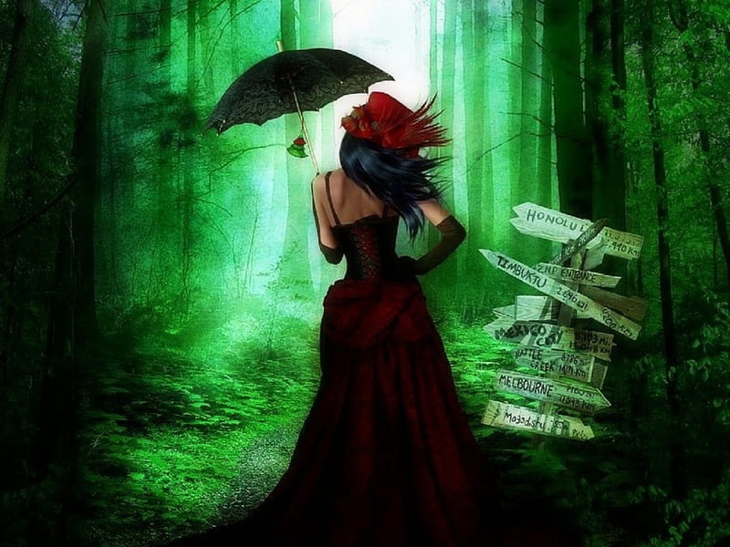 ~Green Forest~, holiday, halloween, umbrella, love four seasons, creative pre-made, digital art, woman, fantasy, mixed media, gothic, weird things people wear, HD wallpaper