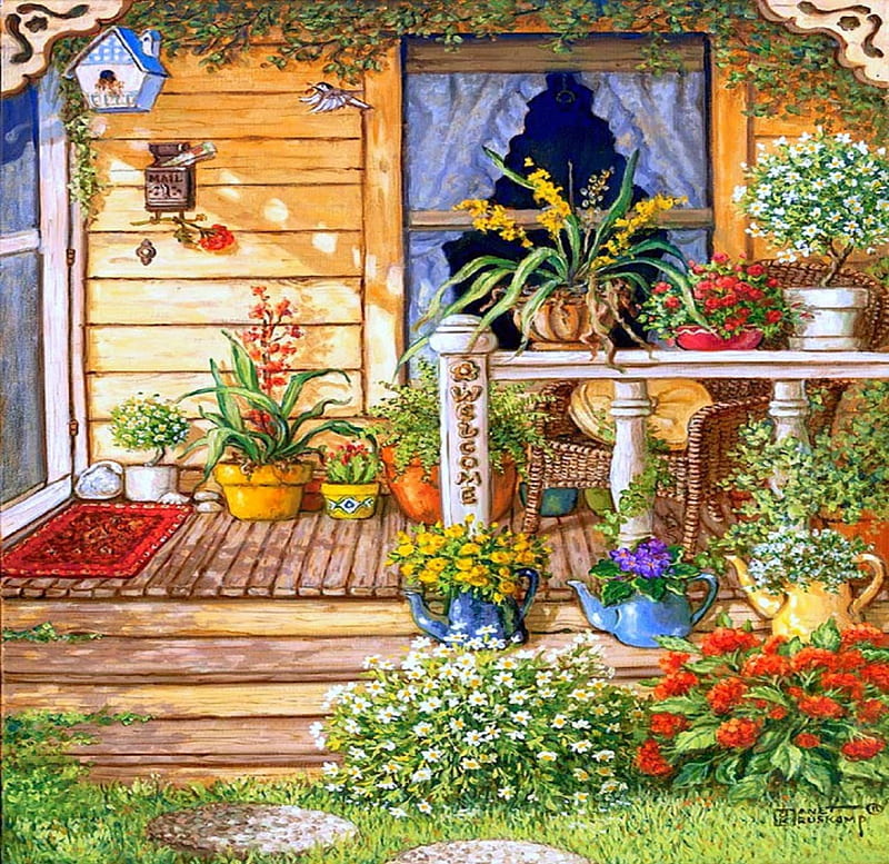★Summer Front Porch★, architecture, pretty, home, attractions in dreams, bonito, paintings, decorations, exterior, flowers, lovely flowers, lovely, houses, colors, love four seasons, creative pre-made, porch, summer, scenes, HD wallpaper