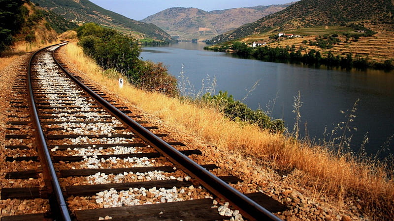 train tracks along a river valley, agraculture, river, tracks, valley, HD wallpaper