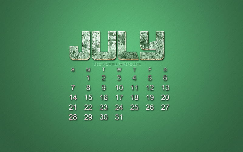 2019 July calendar, grunge style, green grunge background, 2019 calendars, July, creative stone art, calendar for July 2019, concepts, HD wallpaper