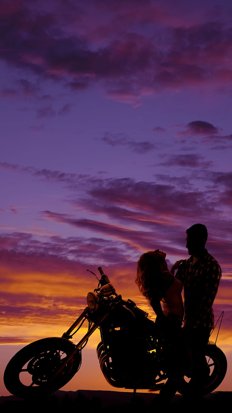 Love and bike, bike, female, love, male, silhouette, sky, sunset, HD phone wallpaper