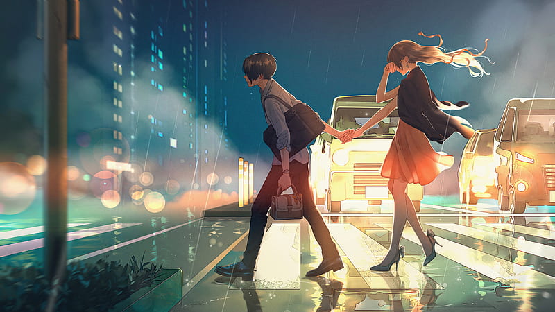 Anime Couple Passing Road, anime-couple, anime-boy, anime-girl, anime, artist, artwork, digital-art, HD wallpaper
