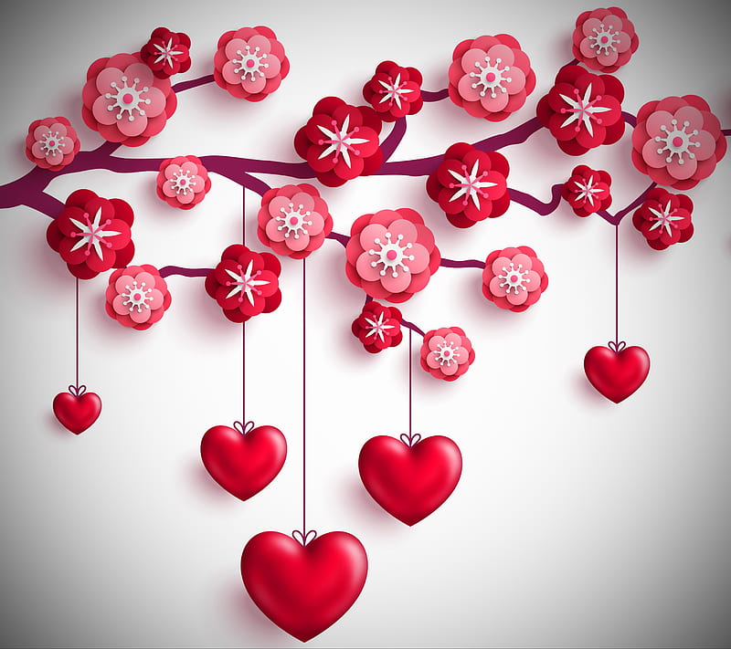 Love Tree, abstract, flowers, heart, corazones, red, valentine, HD wallpaper