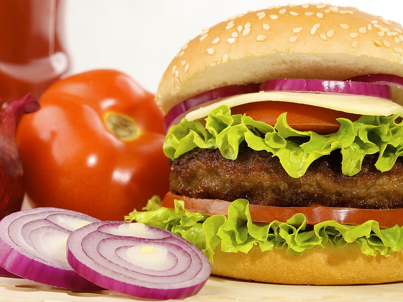 Food, tomato, hamburguer, onion, eat, lettuce, HD wallpaper