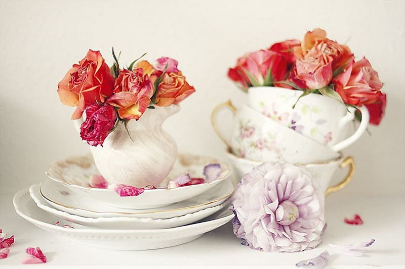 pink rose tea, still life, flowers, tea, pink roses, HD wallpaper