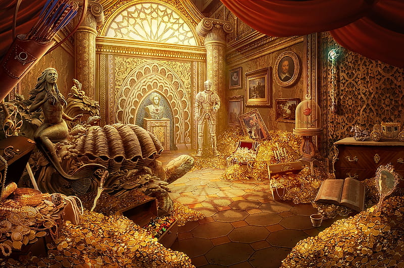 Treasury, chest, fantasy, shell, namkoart, tresure, golden, mermaid, HD wallpaper