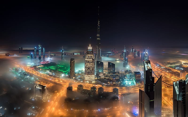 Dubai, skyscrapers, United Arab Emirates, fog, night, HD wallpaper