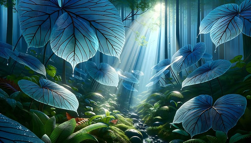 Enchanted Blue Leaf Forest, levelek, patak, kek, elvarazsolt, erdo, napfeny, HD wallpaper