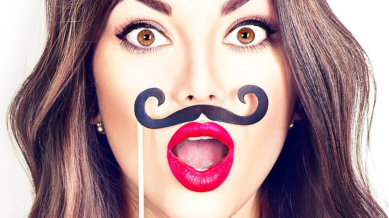 Funny face, red, model, moustache, black, woman, lips, anna subbotina, gril, funny, face, HD wallpaper
