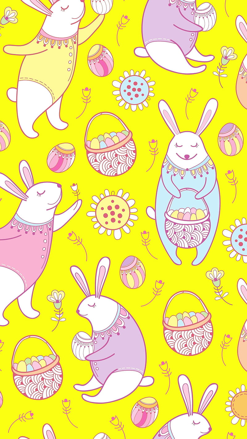Bunnies Basket Flowers, Coelho de Páscoa, aesthetic bunny rabbit, colorful pattern, easter egg gift, easter eggs, kawaii rabbits, little sweet bunnies, spring holiday theme, summer April Easter, wonderland, HD phone wallpaper