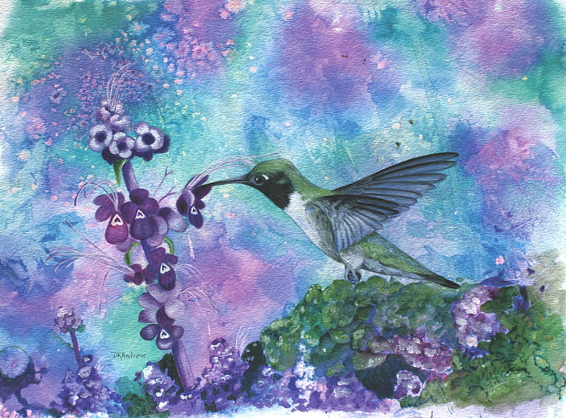 PURPLE PASSION PAINTING, purple, bird, painting, flower, passion, HD wallpaper