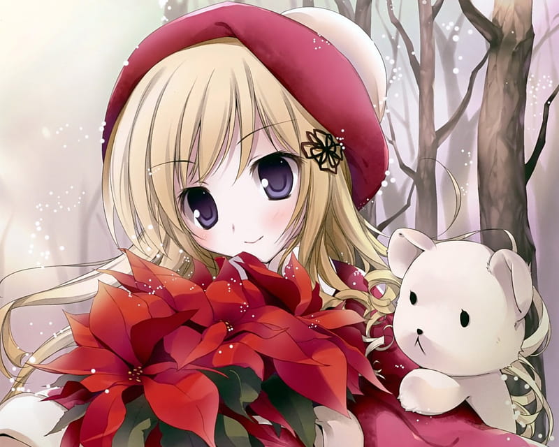 Poinsettia, pretty, floral, sweet, nice, anime, anime girl, female, lovely,  christmas, HD wallpaper | Peakpx