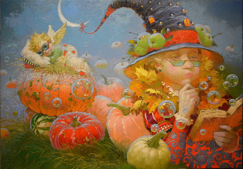 Halloween dreams, art, luminos, orange, halloween, angel, grand-mother, baby, hat, fantasy, painting, bubbles, child, pictura, dream, HD wallpaper