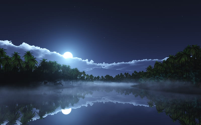 lake, stars, starry sky, night, moon, reflection, Landscape, HD wallpaper