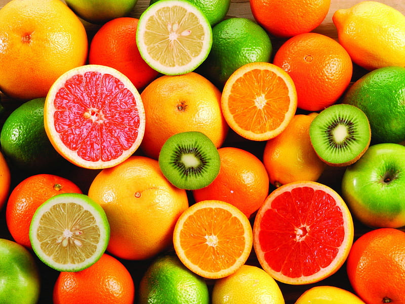 Fruit, apple, red, orange, kiwi, fruits, yellow, lemon, oranges, lime, green, grapefruit, HD wallpaper