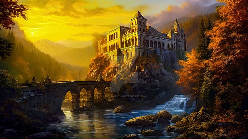 Mountain Forest Bastion, artwork, river, twilight, painting, waterfall, bridge, trees, castle, HD wallpaper