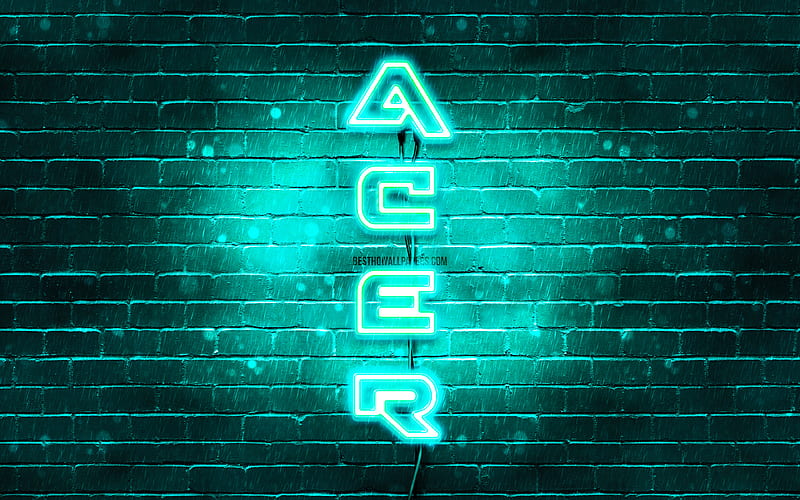 Acer turquoise logo, vertical text, turquoise brickwall, Acer neon logo, creative, Acer logo, artwork, Acer, HD wallpaper
