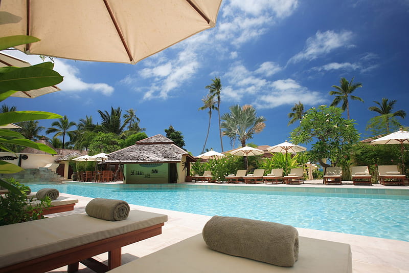 Koh Samui Beach Resort, Thailand, umbrellas, beach, pool, sea, palms, HD wallpaper
