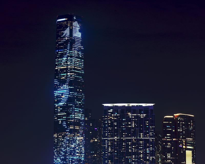 skyscraper, night city city lights, architecture, hong kong, HD wallpaper