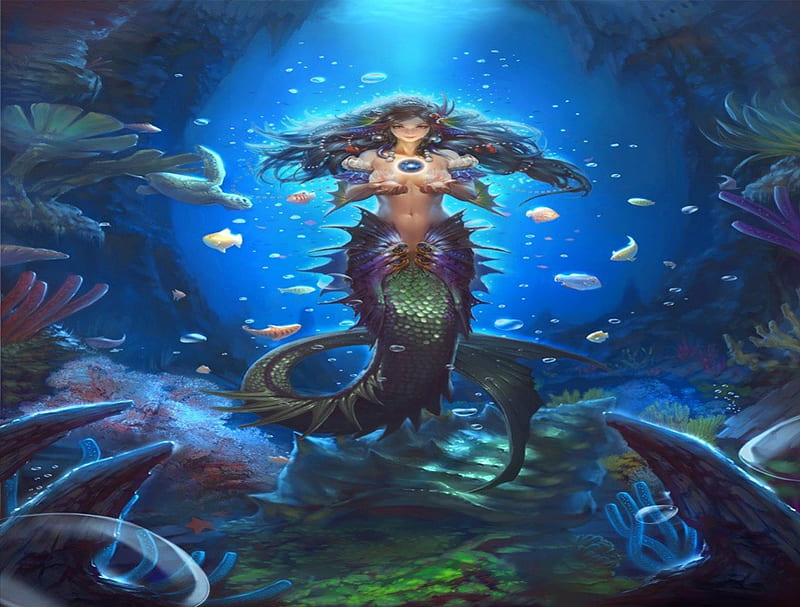 Magic Mermaid, fish, magic, fantasy, hot, long hair, blue eyes, black hair, underwater, bubble, highres, fins, mermaid, smile, turtle, sexy, jewelry, breasts, cool, HD wallpaper