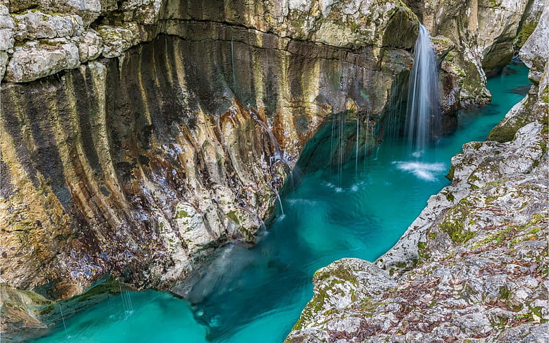 Gorge, lake, waterfall, rocks, blue glacial water, mountain lake, HD wallpaper
