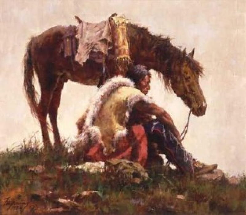 Watching The Column, painting, Native American, horse, people, HD wallpaper