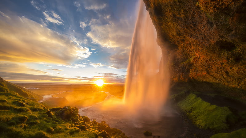 Waterfall From Rock During Sunrise Under Cloudy Blue Sky Nature, HD wallpaper