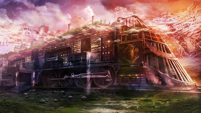Steampunk Train, locomotive, railway, large, surreal, clouds, artwork, HD wallpaper