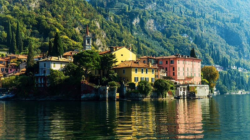 Varenna, Lake Como, Italy, mountain, reflections, landscape, trees, water, houses, HD wallpaper