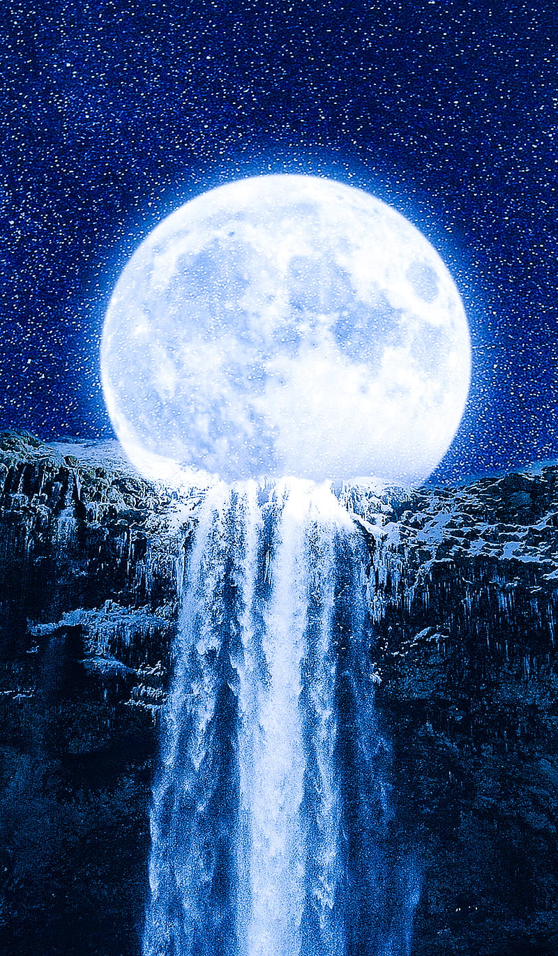 MOON, HI, blue, full moon, light, mountain, neon, night, star, stars, stone, water, waterfall, white moon, HD phone wallpaper