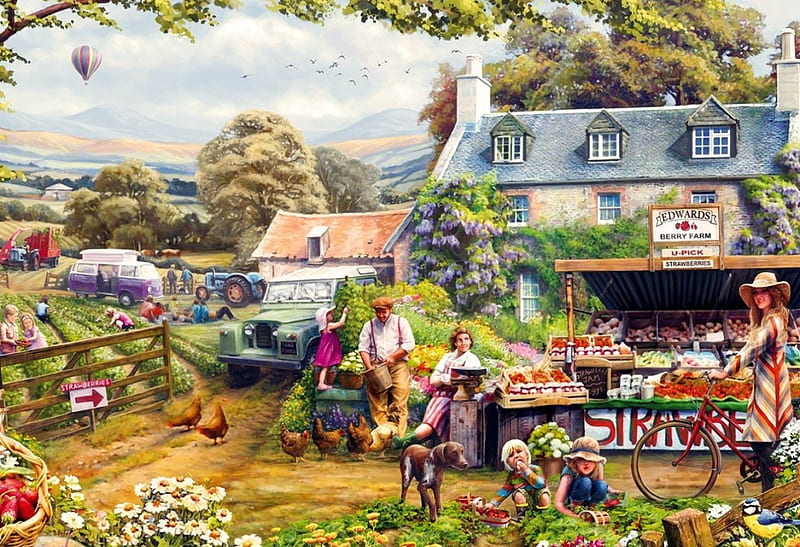 Country Market, house, stand, people, car, painting, vegetables, artwork, HD wallpaper