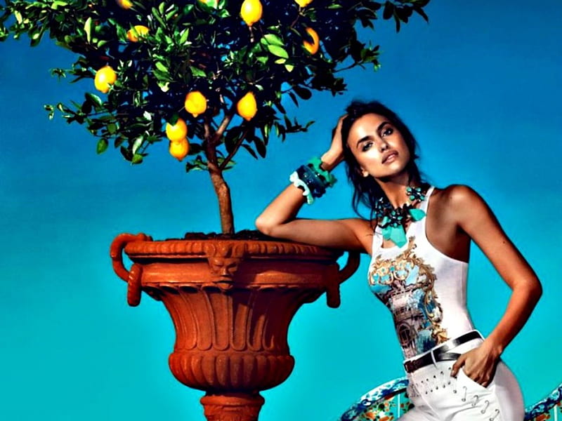 Irina Shayk, model, woman, lemon, tree, girl, summer, white, blue, HD wallpaper