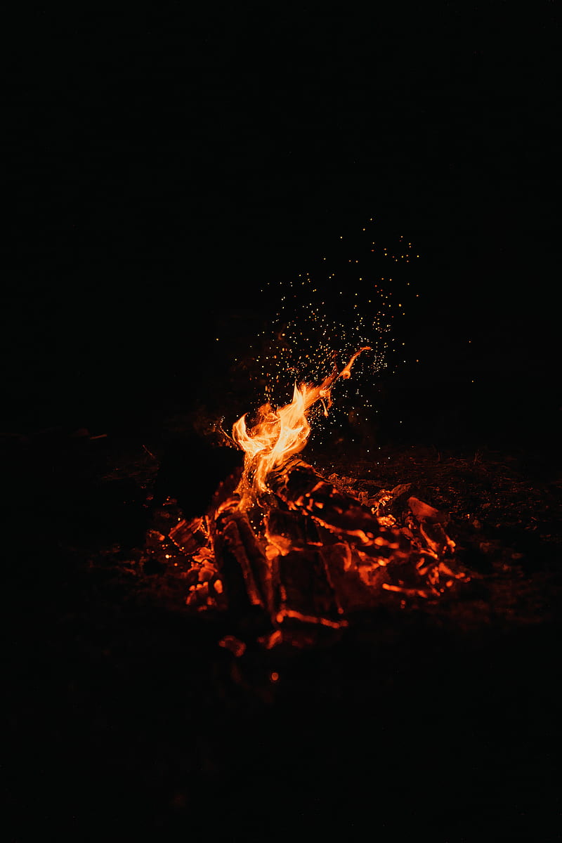 bonfire, fire, sparks, dark, night, HD phone wallpaper