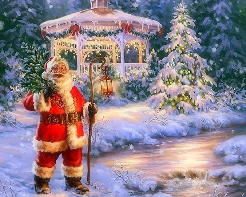 Santa Come to Town, Christmas, holidays, love four seasons, Christmas Trees, attractions in dreams, santa claus, xmas and new year, winter, greetings, snow, gazebo, HD wallpaper