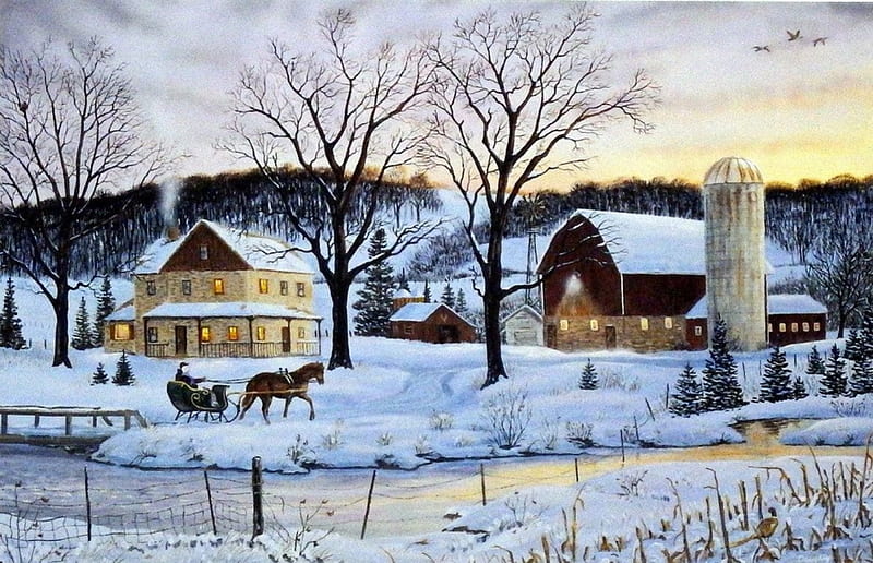 Winter Memories, house, snow, painting, artwork, barn, landscape, HD wallpaper