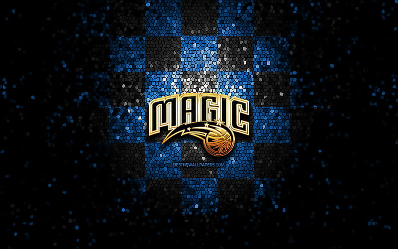 Orlando Magic, glitter logo, NBA, blue black checkered background, USA, american basketball team, Orlando Magic logo, mosaic art, basketball, America, HD wallpaper