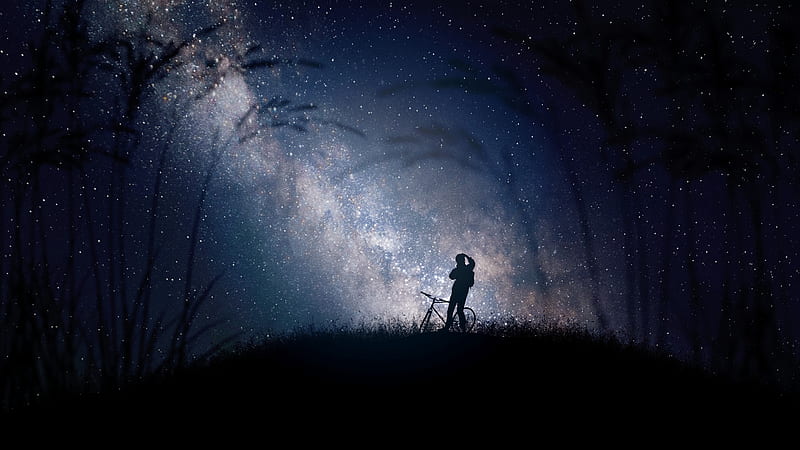 bicyclist, silhouette, starry sky, night, milky way, HD wallpaper
