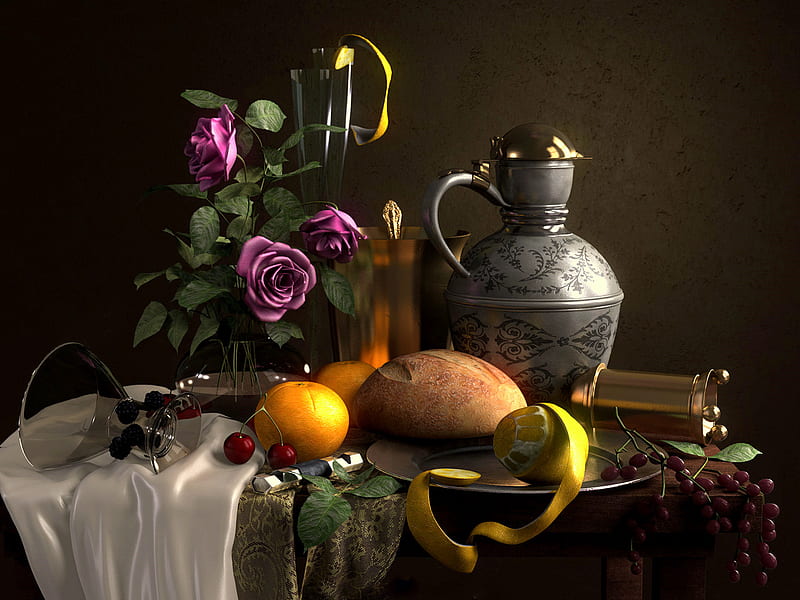 Elegant Vases of Fruit on Silk WALLPAPER BORDER
