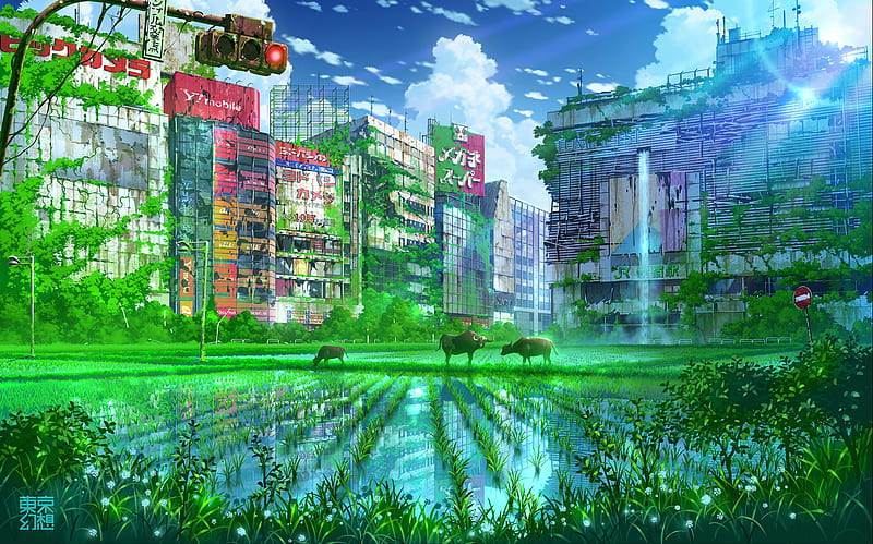 Apocalipsis de anime, ruinas, verde, toro, escénico, edificios, anime, Fondo  de pantalla HD | Peakpx