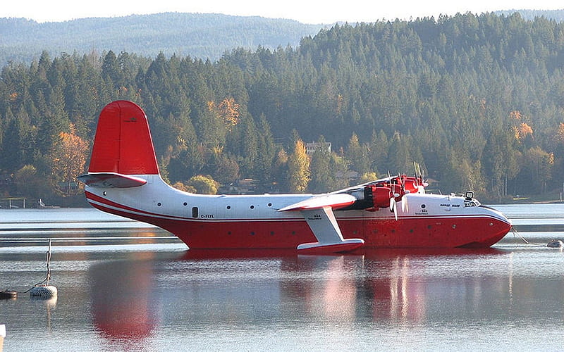 Seaplane, forest, red, lake, HD wallpaper